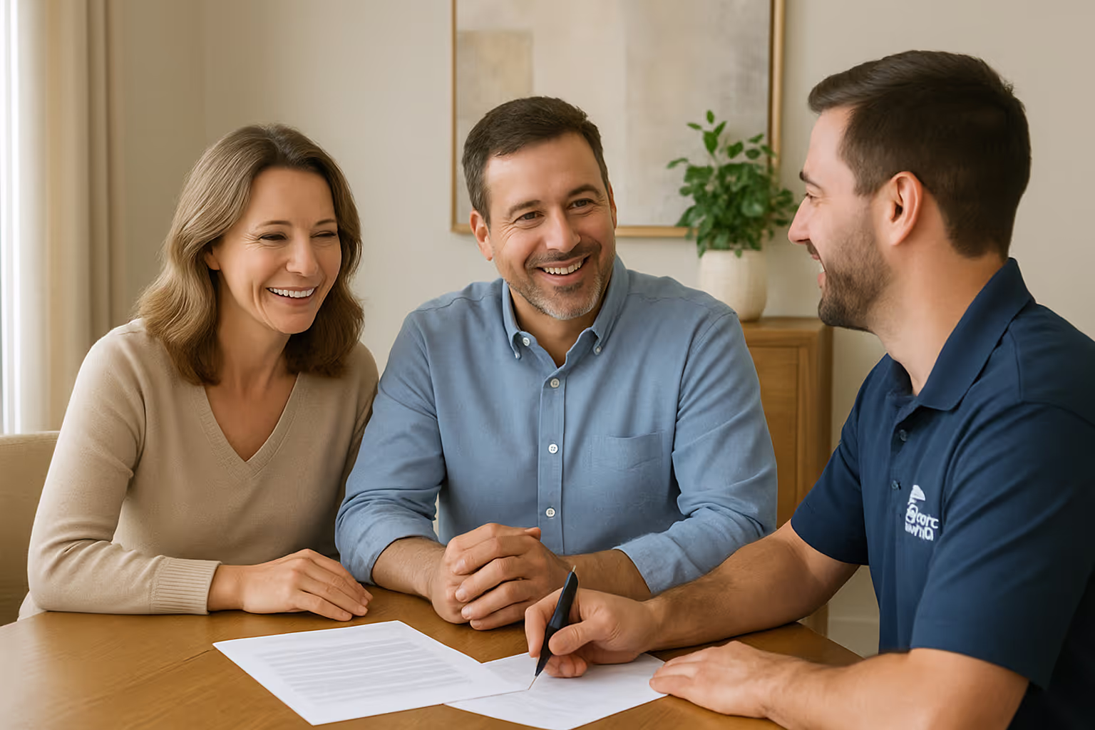 Homeowners reviewing 0% financing options for exterior home improvements with Ridge Top Exteriors consultant.